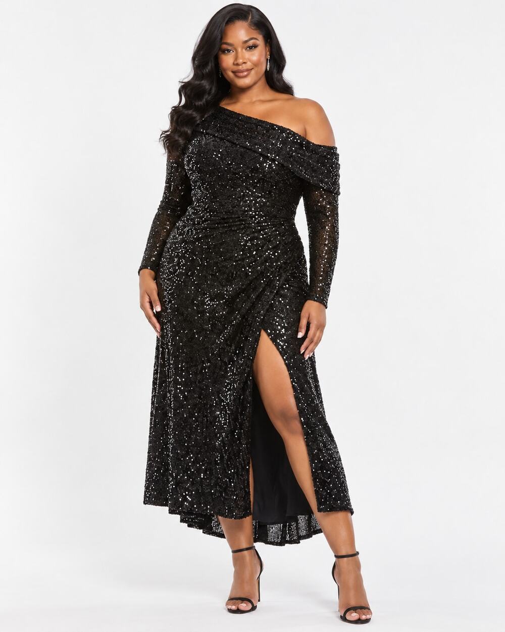 NEW MAC DUGGAL by IEENA Sequin Dress 16 Black Off Shoulder Midi Cocktail Event